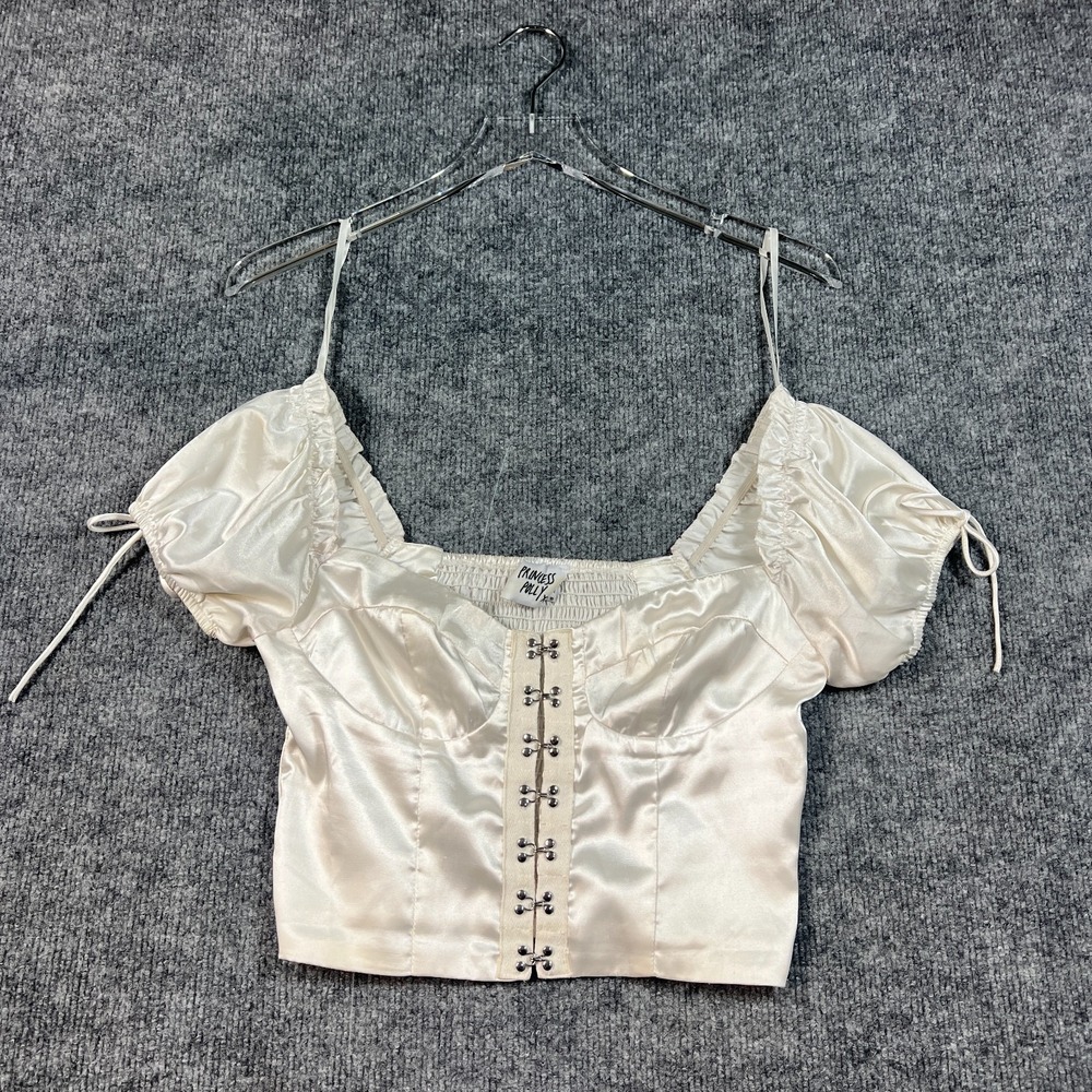 Princess Polly Allyson Corset Top Womens 4 Beige Satin Smocked Crop Puff‎ Sleeve